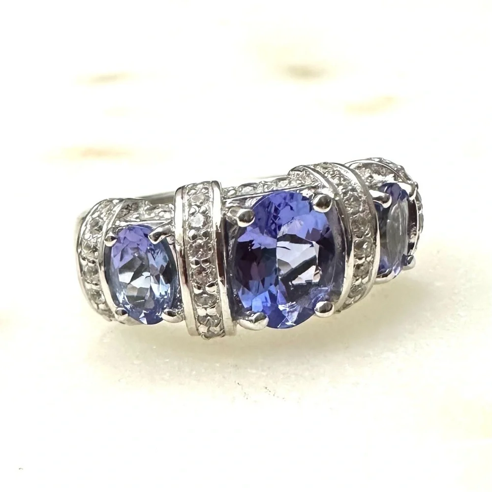 3 Stone Blue Tanzanite | White Zircon Rhodium over Sterling Silver Ring 2.44ctw